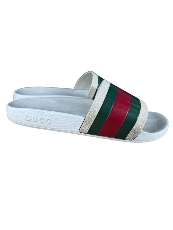 Gucci Men\'s Pursuit \'72 White Rubber Pool Slides Green/Red Web Size UK 5 US 6